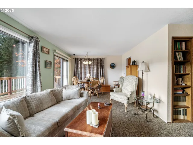 a living room with furniture and a book shelf