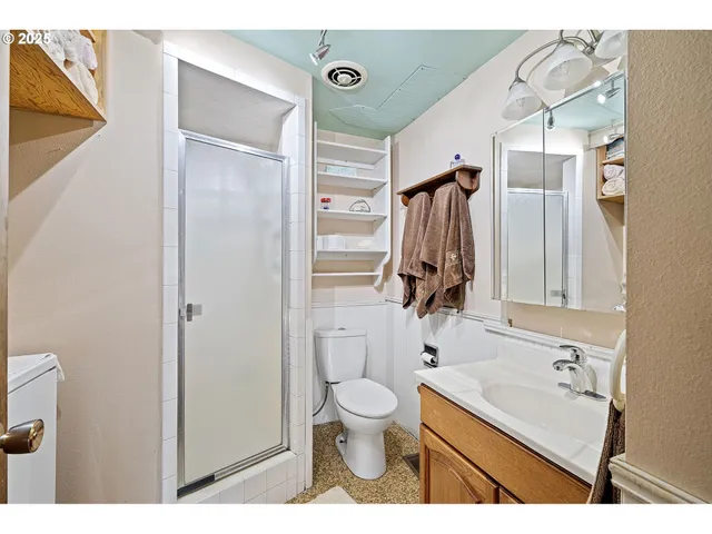 a bathroom with a sink a toilet and shower