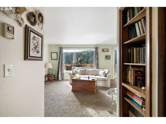 a living room with furniture and a book shelf