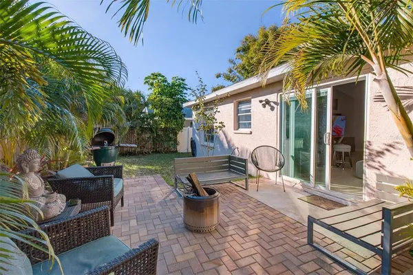 a front view of a house with patio