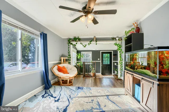 a living room with furniture a rug and a floor to ceiling window