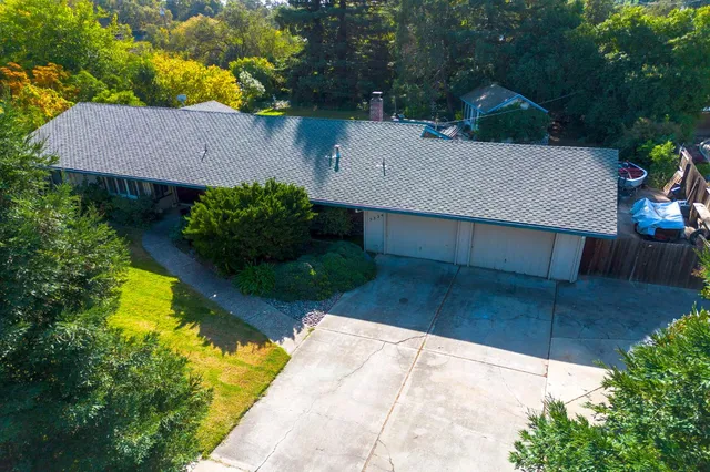a view of a house with a yard plants and large tree