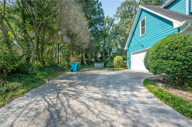 a view of a back yard with plants and large trees