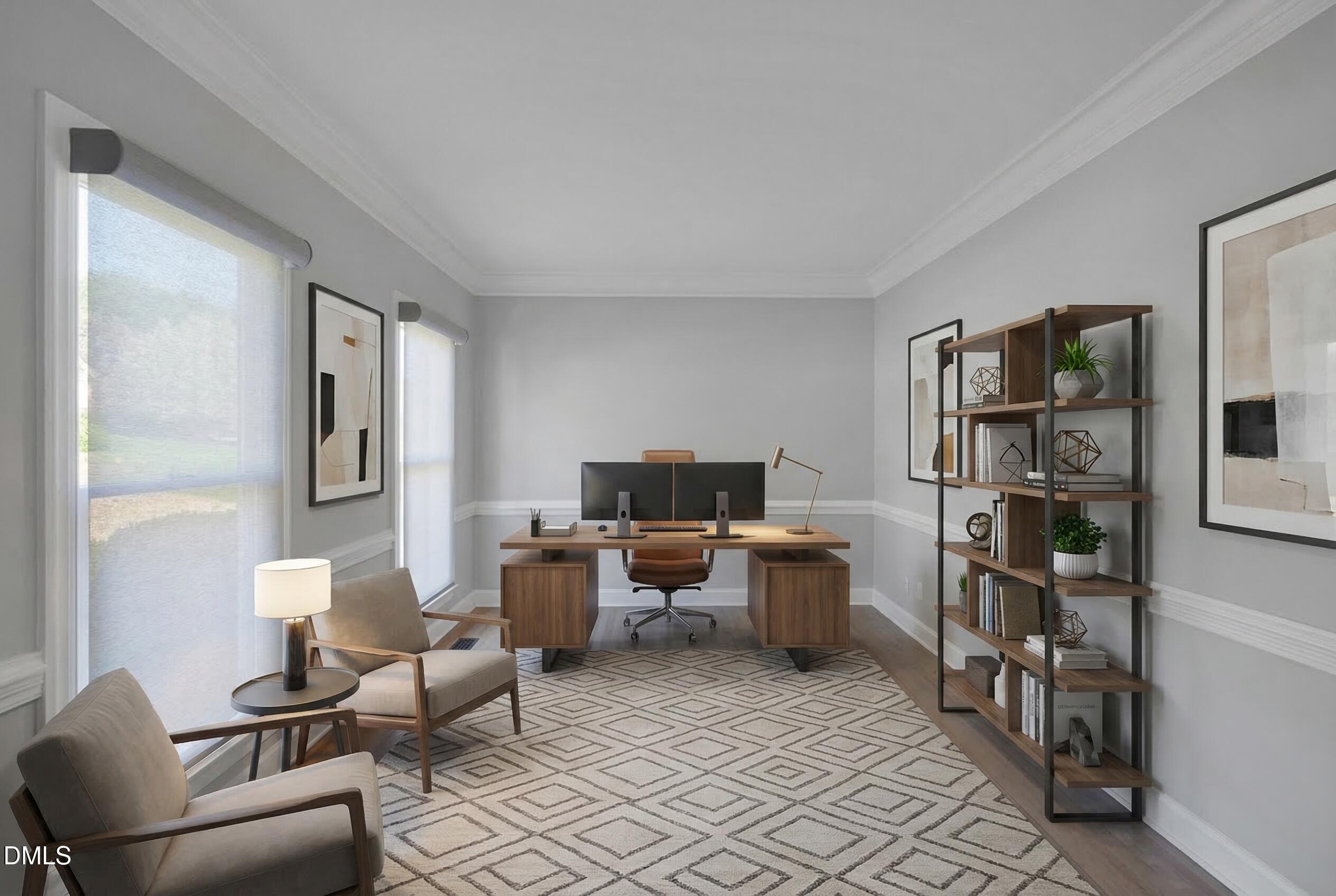 8005 Looking Glass Court Raleigh, NC 27612 - Photo 26 of 75 a living room with furniture a rug and a book shelf