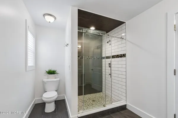 a bathroom with a shower and a toilet