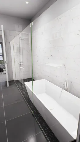 a bathroom with a bathtub and a shower