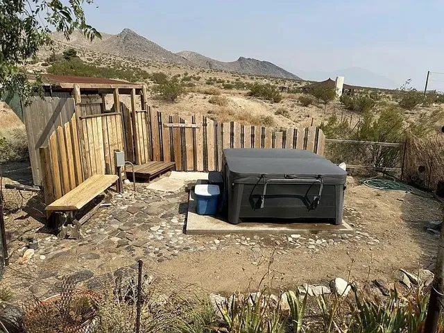an outdoor space with seating area