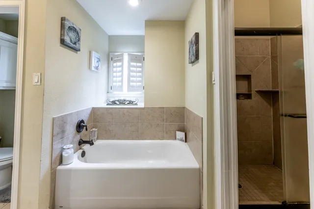 a bathroom with a bathtub and a toilet