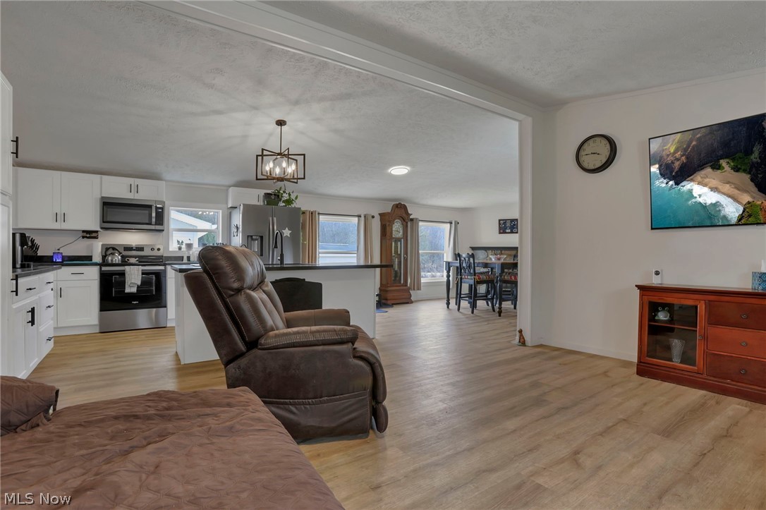 3750 Cannelville Road Roseville, OH 43777 - Photo 3 of 33 Living room featuring plenty of natural light, light wood-style floors, a textured ceiling, and a chandelier