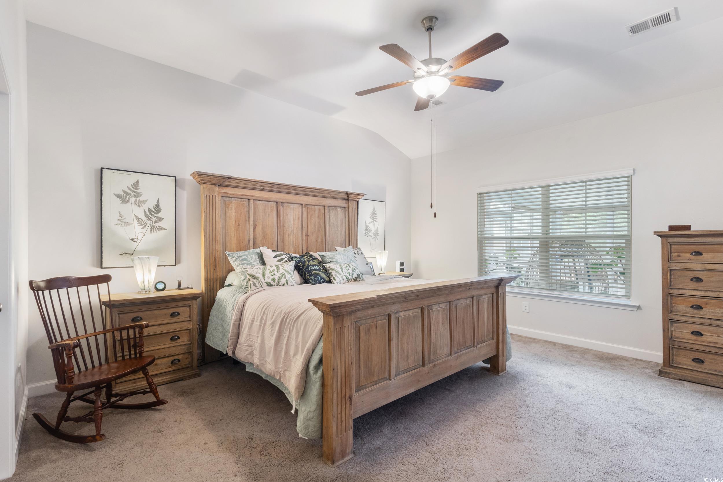 540 Canborough Lane Murrells Inlet, SC 29576 - Photo 22 of 40 Bedroom featuring light colored carpet, lofted ceiling, and ceiling fan
