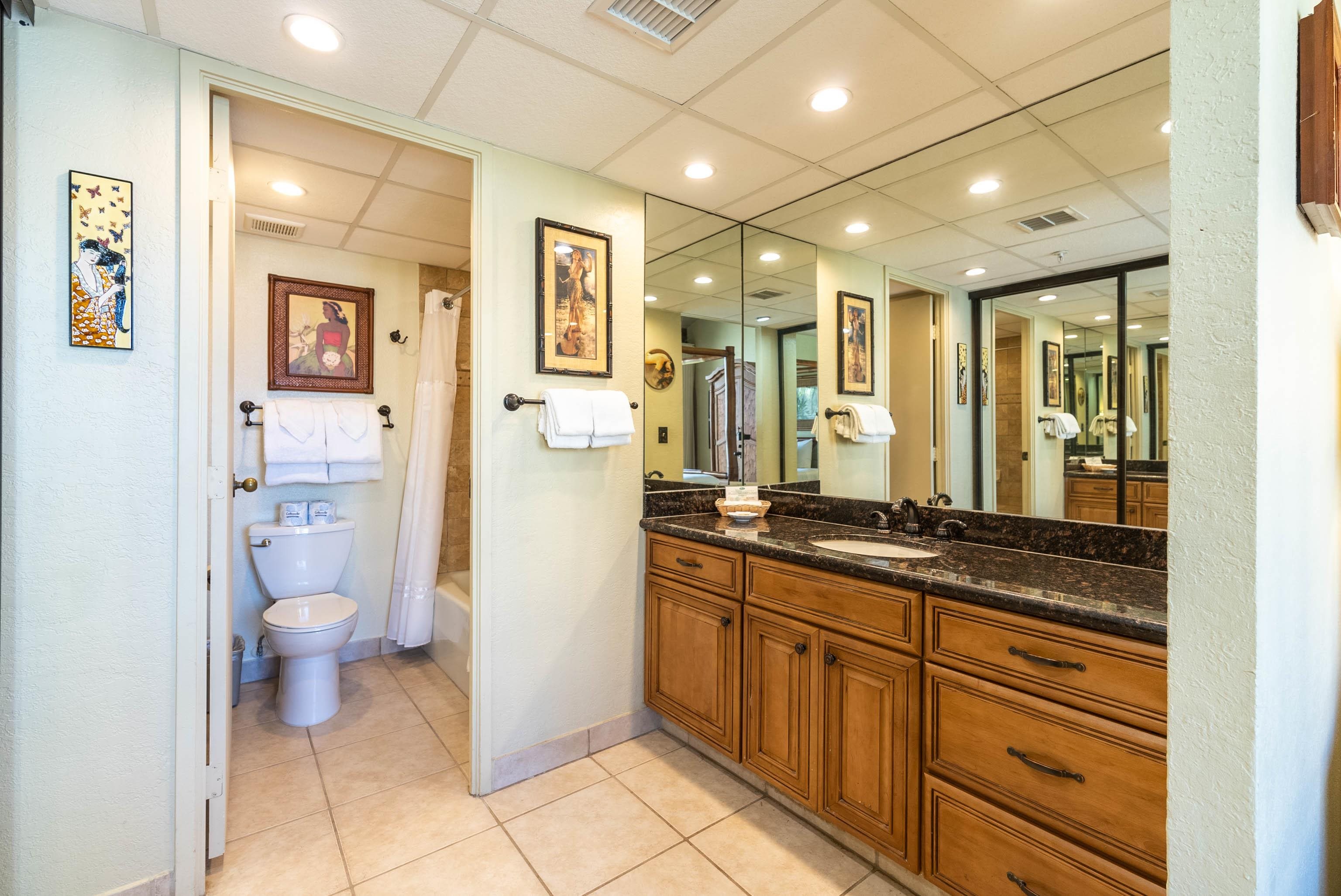 3445 Lower Honoapiilani Road, Unit 456 Lahaina, HI 96761 - Photo 21 of 32 a bathroom with a granite countertop sink a toilet a mirror and a shower