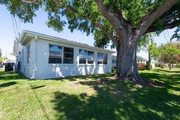 a view of a house with a yard and a large tree