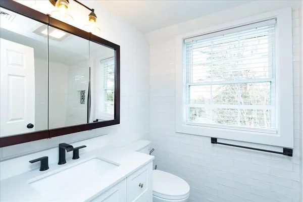 a bathroom with a sink a toilet and a mirror