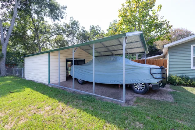 a view of a backyard with plants and a large tree