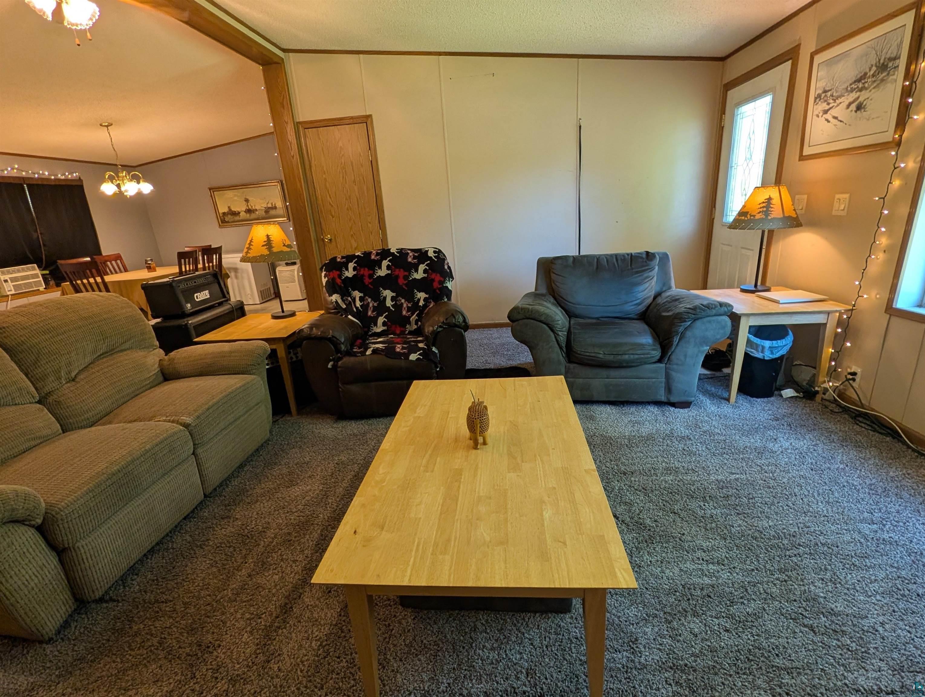3945 Maple Street Kettle River, MN 55757 - Photo 11 of 41 Living area featuring light grey wall paneling and grey carpeting
