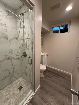 a bathroom with a shower and a toilet