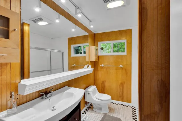 a bathroom with a sink a toilet and shower
