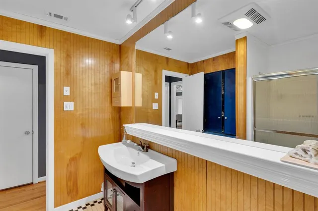 a bathroom with a sink mirror and a shower