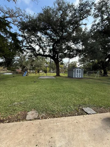 a view of a park with large trees