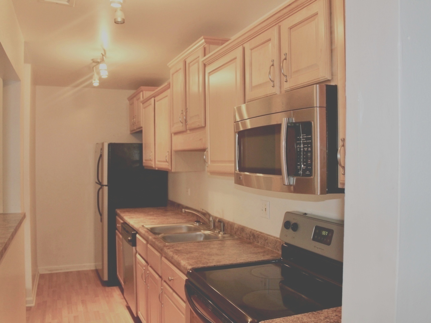 1969 North Hicks Road, Unit 102 Palatine, IL 60074 - Photo 3 of 17 a kitchen with stainless steel appliances granite countertop a stove a sink and a microwave