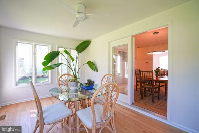 a dining room with furniture potted plants and wooden floor