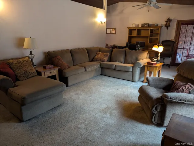 a living room with furniture and a lamp