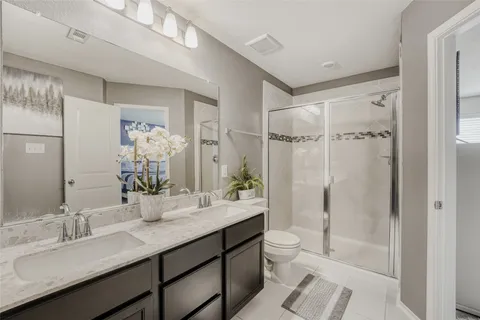 a bathroom with a double vanity sink toilet mirror and shower