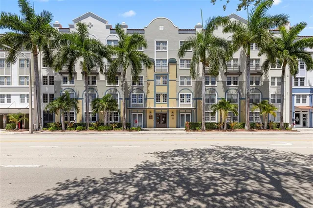front view of a building with a street