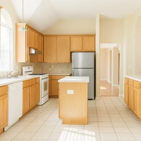a kitchen with a refrigerator a stove top oven and cabinets