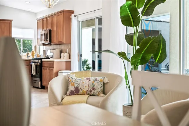 a living room with stainless steel appliances furniture and a potted plant