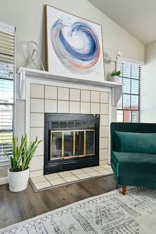 a living room with a couch and a potted plant