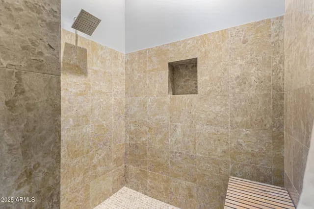a bathroom with a shower and a toilet