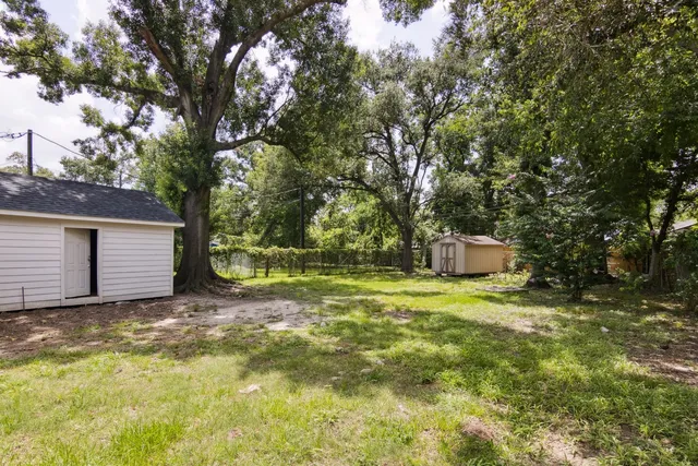 a view of a house with a yard and large tree