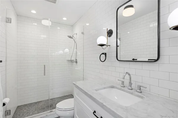 a bathroom with a granite countertop sink a toilet and shower