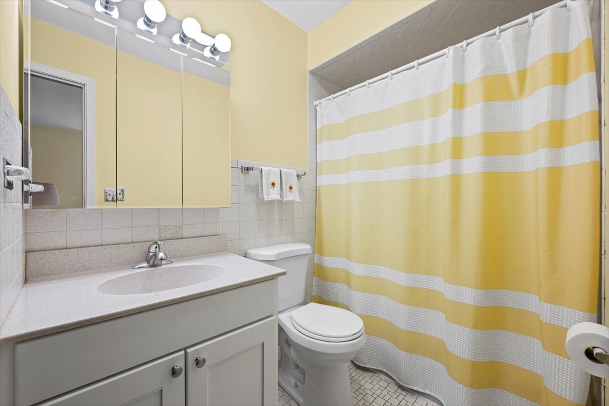 1279 Harding Avenue, Unit 3D Des Plaines, IL 60016 - Photo 17 of 23 a bathroom with a sink a toilet a mirror and shower curtain