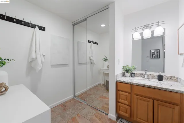 a room with table and mirror