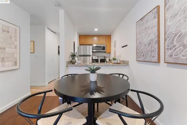 a view of a dining room with furniture