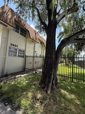 a view of a yard with a tree in the house