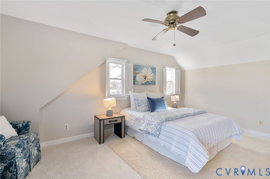 12216 Mt Hermon Road Ashland, VA 23005 - Photo 26 of 49 Bedroom featuring carpet, lofted ceiling, and ceil