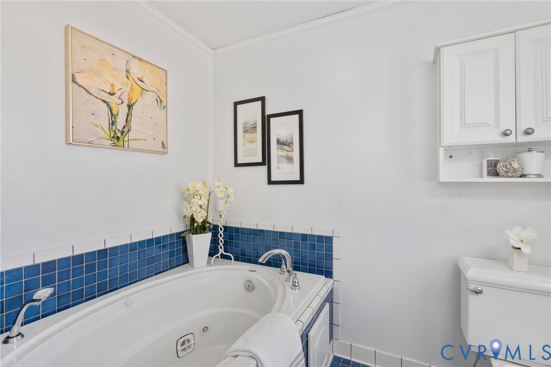 12216 Mt Hermon Road Ashland, VA 23005 - Photo 27 of 49 Bathroom featuring a tub with jets, crown molding,