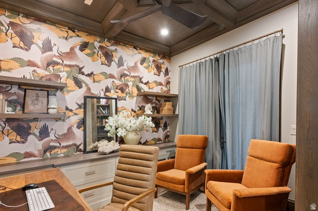 3 Carriagewood Cove, Unit 1088 Sandy, UT 84092 - Photo 10 of 79 Office space featuring decorative wall covering, wood-finish coffered ceiling with recessed lighting, built-in cabinetry with a light-toned countertop, and floating wood-finish shelving