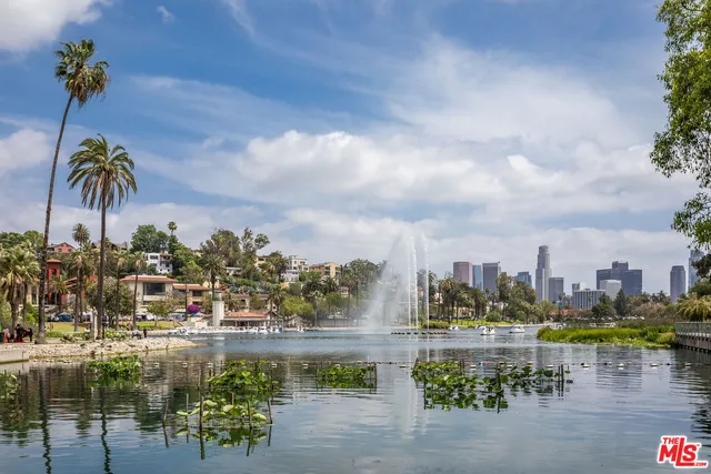 a view of a lake with a city