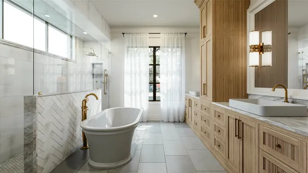 a bathroom with a tub sink and mirror