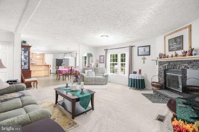 a living room with furniture and a fireplace