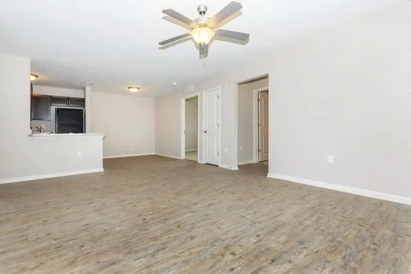 a view of a livingroom with a ceiling fan