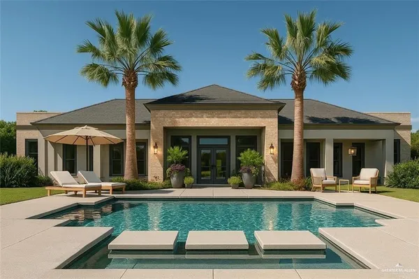 a view of a house with swimming pool and chairs