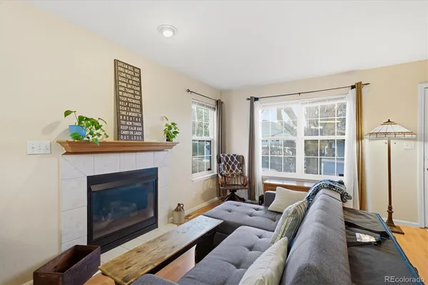 a living room with furniture and a fireplace