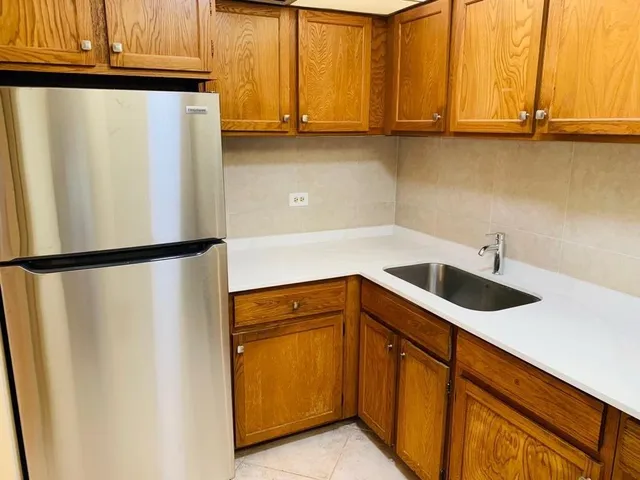 a kitchen with stainless steel appliances granite countertop a refrigerator a sink and dishwasher with wooden cabinets