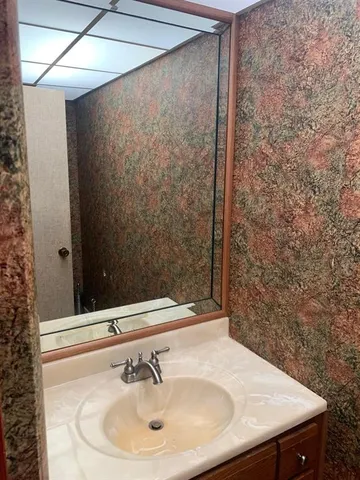 a bathroom with a sink and a mirror