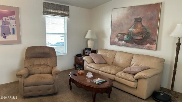 a view of a dining room with furniture